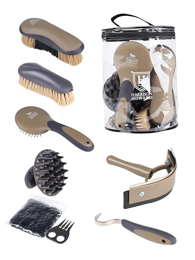 Harrison Howard 7 Pieces Horse Grooming Kit Horse Bathing Supplies Brushes for Grooming with Convenient Organizer Tote Brown