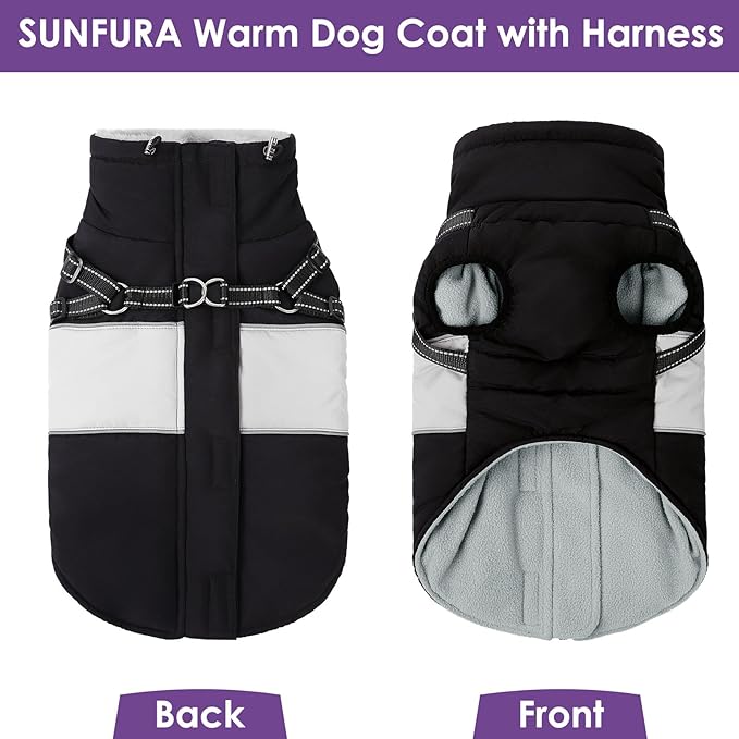SUNFURA Dog Winter Coat, Waterproof Dog Coat Jacket with Harness for Medium Dogs Boys Girls, Reflective Fleece Lined Pet Snow Jacket Sweaters for Pug, Jack Russel, Boston Terrier, Black M