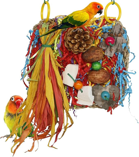 Bird Toys, Parakeet Toys, Bird Grass Mat Conure Shredder Hanging Cockatiel Foraging Toys Parrot Climbing Wall Lovebird Cage Accessories for Small Birds (Small)