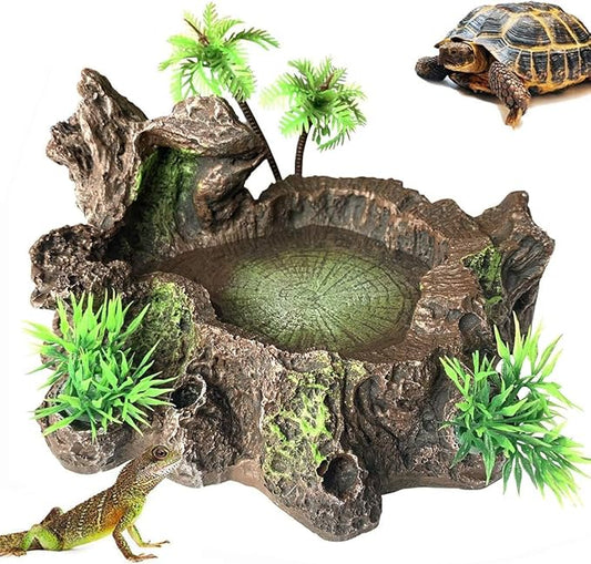 PINVNBY Reptile Water Dish, Bearded Dragon Water Bowl, Resin Reptile Platform with Artificial Plants Food Water Dish Bowl for Bearded Dragon, Crested Gecko, Hermit Crab, Snake (Smooth)
