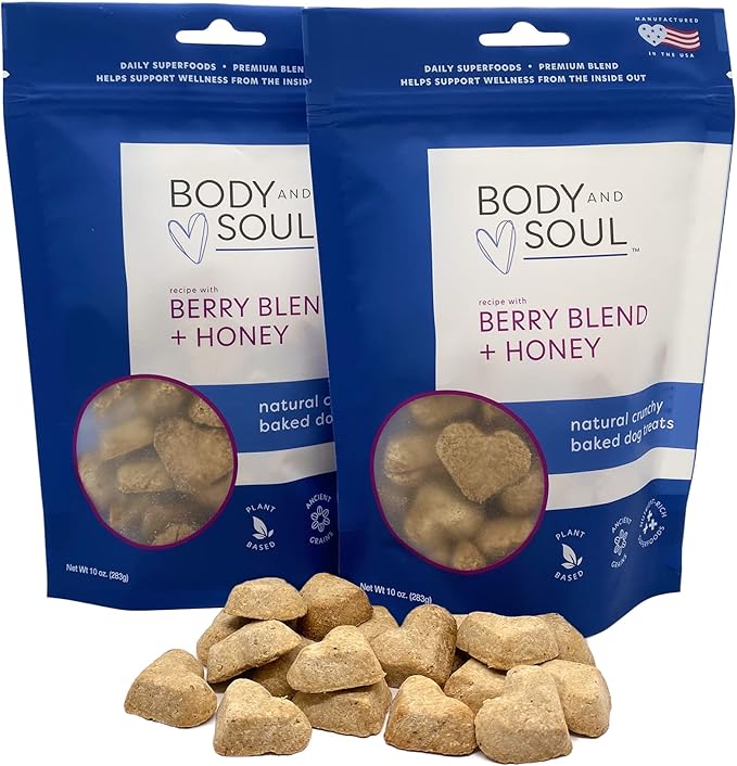 Body and Soul Berry Blend + Honey Crunchy Dog Treats - Superfood Biscuits Baked with Oats Barley & Quinoa - All-Natural Plant Based Clean Protein, No Additives or Fillers - Made in USA 2 Pack (20oz)