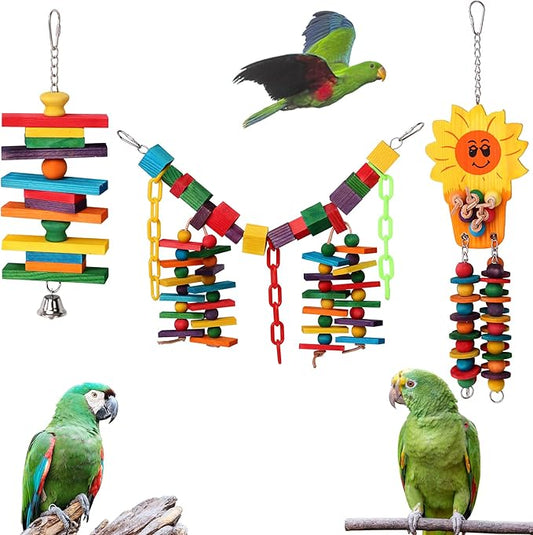 Set of 3 Natural Wood Parrot Toys - Ideal for Small & Medium Parrots. Safe & Durable Chew Toys Promote Mental Stimulation & Beak Health. Handcrafted Bird Toys for Enriching Playtime