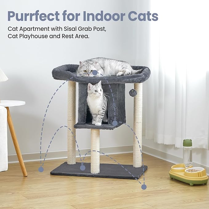 Small Cat Tree Tower for Indoor Large Cats, Cat Scratching Post with Big Perch Bed, 28in Tall Trees House with Condo Cave, Toy Balls, Modern Climbing Furniture Big Platform for Kitten (Dark Gray)