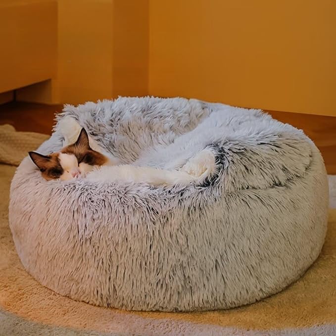 Plush Fluffy Dog and Cats Round Bed – Ultra-Soft Faux Fur Pet Shell Nest with Raised Bolster Edge, Self-Warming Calming Nest for Small to Large Pets (Coffee, Medium（20“）)