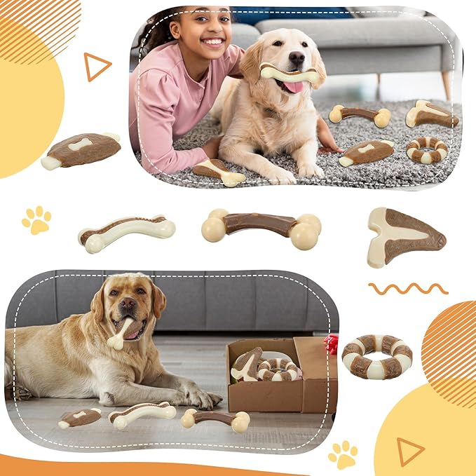 Libima 6 Pieces Chew Toys for Aggressive Chewers, Real Beef Flavor Dog Teething Chew Bones for Breed Puppies Pet Toy with Durable Nylon(Cute,Small and Medium)