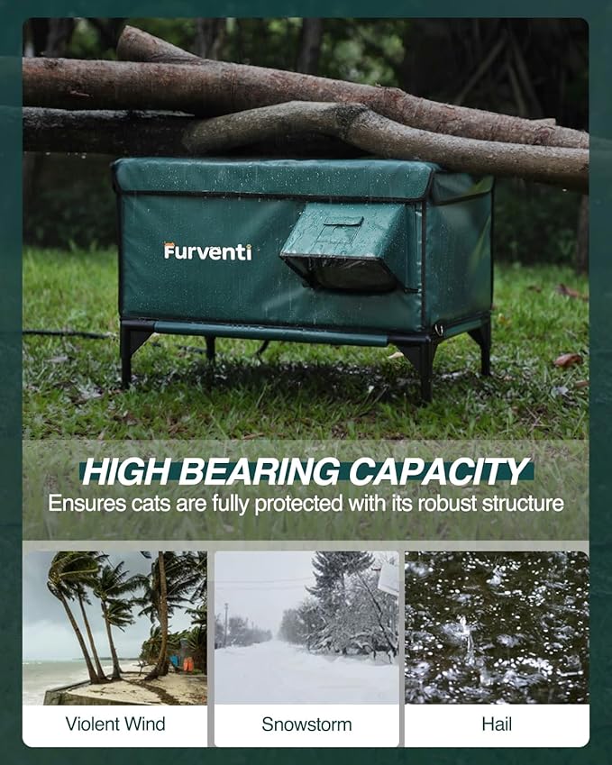 Outdoor Heated Cat House in Winter,Extremely Insulated & Weatherproof,Elevated Feral Cat Shelter with Waterproof Eaves & Escape Door for Outside Stray Barn Cat (Dark Green,M.)