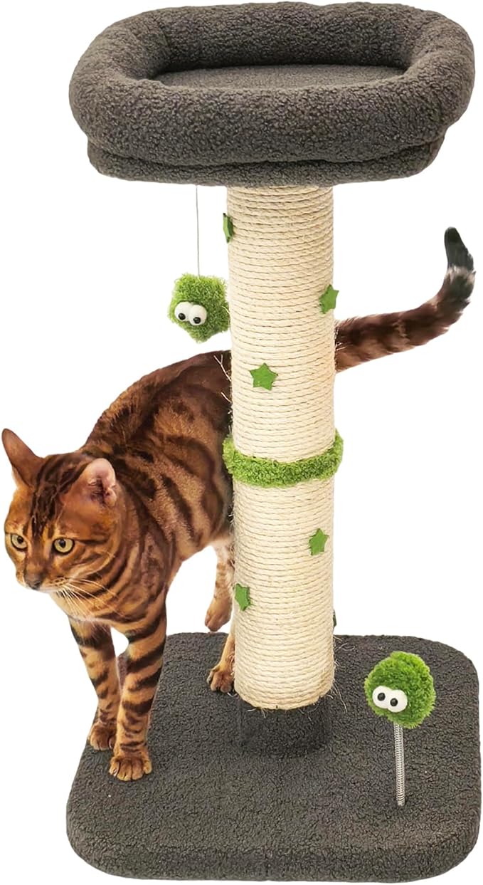 TINYBEAST 29.5" Tall Cat Scratching Post, 4-in-1 Natural Sisal Cat Scratcher with Removable Plush Perch Bed, Cat Stand Featuring Dangling Ball & Spring Ball, Cat Tree Tower for Indoor Adult Cats