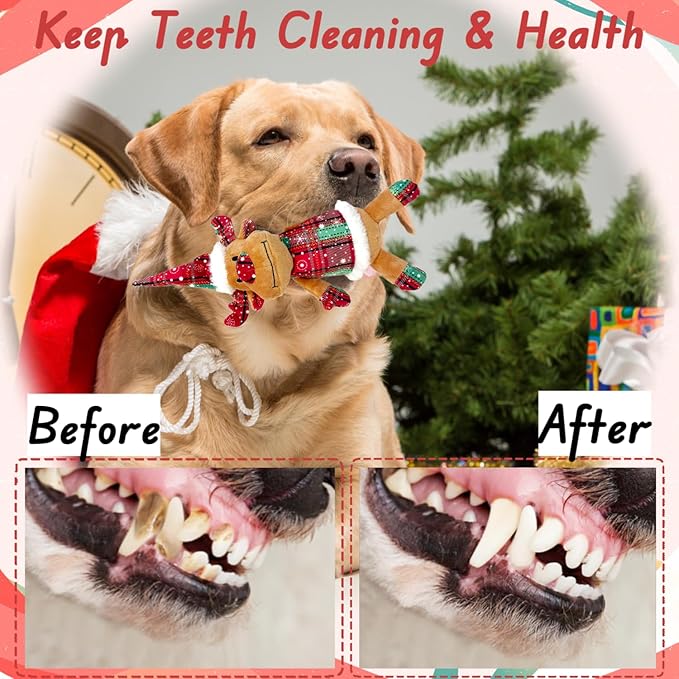 Christmas Dog Squeaky Toys with Crinkle, Xmas Interactive Plush Dog Toys, Dog Enrichment Chew Toys to Keep Them Busy, Dog Toys for Small Medium Large Size, Puppy Toys (Hat Deer)