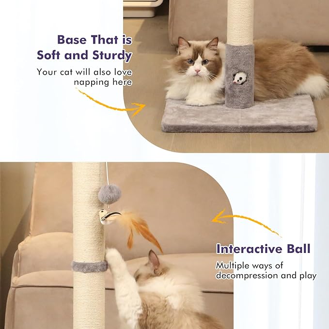 34‘’ Tall Cat Scratching Post with Premium Sisal Rope for Indoor Scratcher Post Tree for Indoor Cat Toy with Mouse Hole, Hanging Ball for Adult Cats and Kittens
