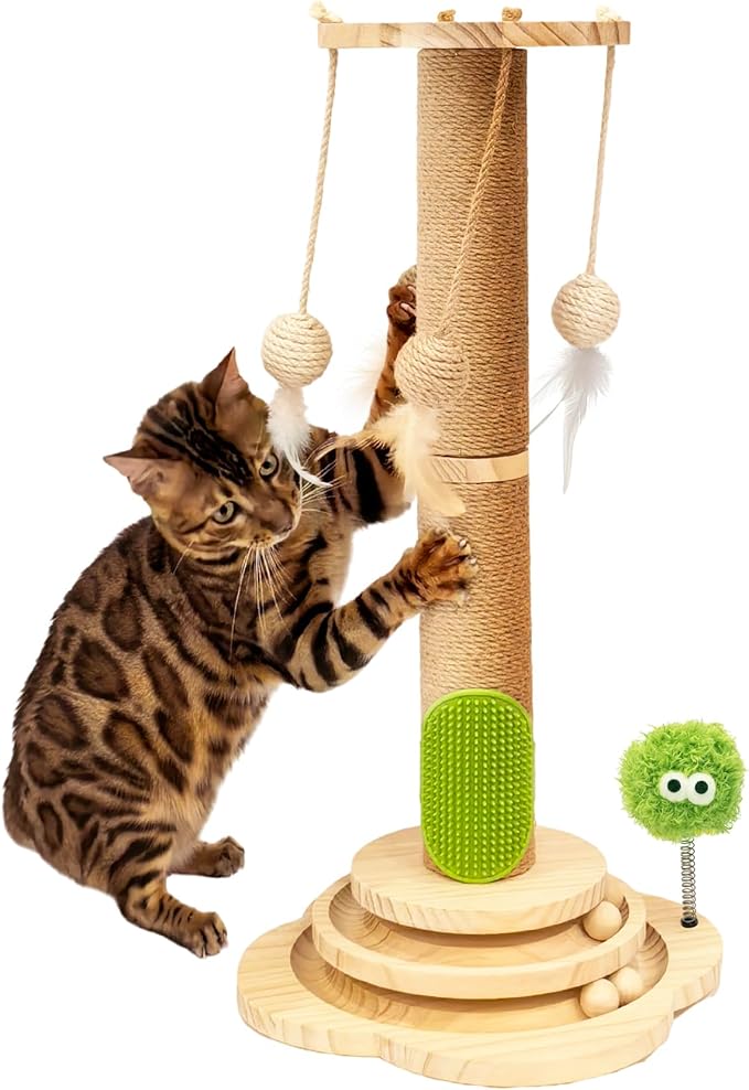TINYBEAST Wooden Cat Scratching Post, 4 in 1 Cat Scratcher Toy with Cat Ball Tracks, 24.8" Tall Sisal Scratch Post for Indoor Kittens Adult Cats, Interactive Feather Toy and 4 Sisal Hanging Balls