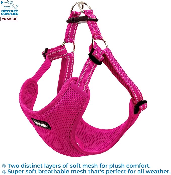 Best Pet Supplies Voyager Mesh Dog Breathable Harness Reflective Stitching, All Weather Adjustable for Walking Training, or Running - Heavy Duty & Durable, Harness (Fuchsia), L