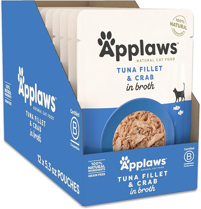 Applaws Natural Wet Cat Food in Broth, Limited and Natural Ingredients, High Protein with No Artificial Additives, Tuna Fillet & Crab in Broth (12 x 5.3oz Pouches)