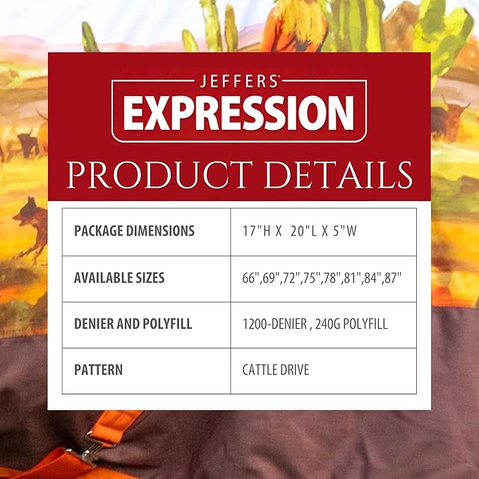 Jeffers Expression 1200 Denier Standard Neck Turnout Blanket, Cattle Drive Pattern, 78" - Waterproof, Breathable Horse Blanket with 240 gram Polyfill, Ideal Protection for Winter, Medium Weight