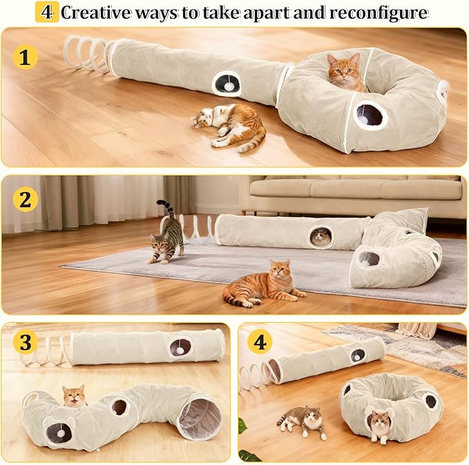 Ownpets 2-in-1 Cat Tunnel, Large Lollipop Shape Cat Tunnel Toy with Fluffy Balls, Spiral Toy, Plush Collapsible Cat Cave Hideout Donut Tunnel for Multi Kitten Puppy Rabbit, Beige