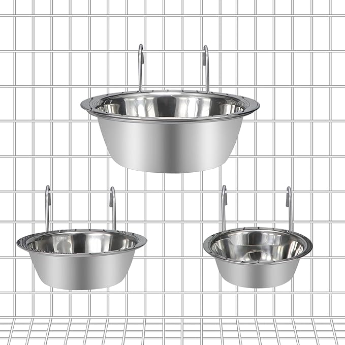 Wontee Pet Bowl Stainless Steel Hanging Food Water Bowls Bird Cage Feeder for Birds, Parrots, Small Sized Dogs and Cats (S+M+L)