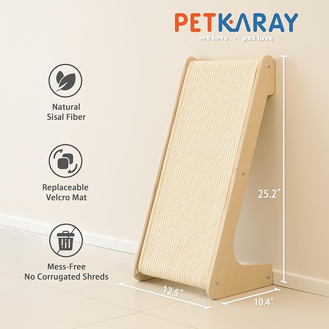 PETKARAY L Shape Cat Scratcher, Sisal Kitty Scratching Ramp, Vertical Scratch Pad for Indoor Cats, 25.3" Furniture Protector with Catnip, White