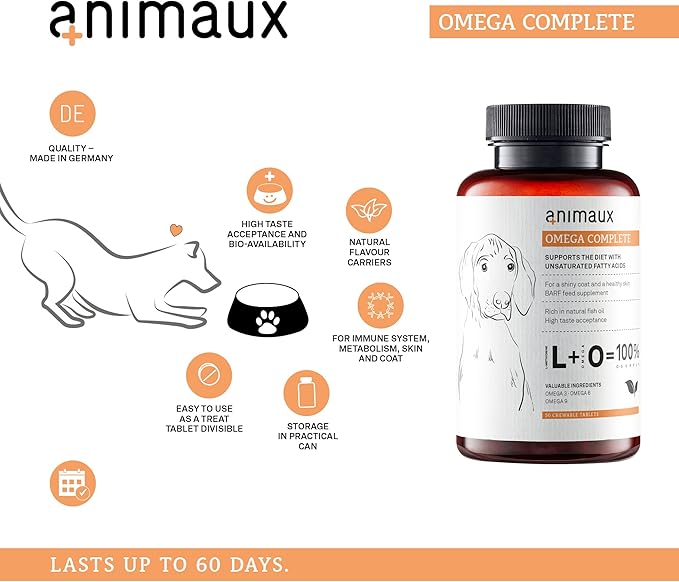 animaux - Omega Complete for Dogs Fish Oil Tablets, Omega 3,6 & 9 Fatty acids to Support Vitality, Bone Structure, Barf Supplement, Salmon Oil for Skin & Coat, 50 chewable Tablets, 100 Days Supply