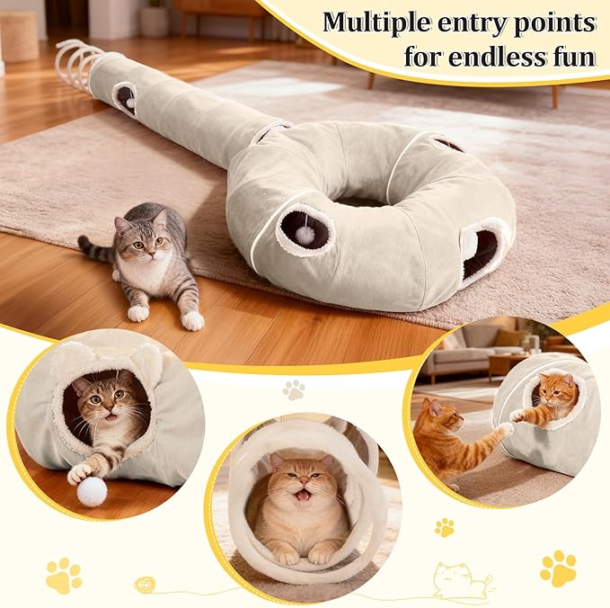 Ownpets 2-in-1 Cat Tunnel, Large Lollipop Shape Cat Tunnel Toy with Fluffy Balls, Spiral Toy, Plush Collapsible Cat Cave Hideout Donut Tunnel for Multi Kitten Puppy Rabbit, Beige