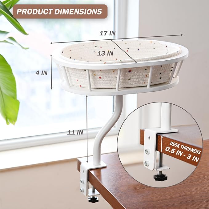 Cat Desk Bed -Space-Saving Cats Hammock for Home Office/Computer Desks, Removable Cotton Cats Nest,Heavy-Duty Metal Frame (White)