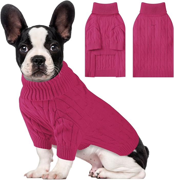 Small Dog Thermal Pullover Sweater, Classic Turtleneck Cable Knitwear Dog Clothes for Cold Weather Warm Pet Clothes for Chihuahua, Bulldog, Dachshund, Pug Hot Pink X-Large