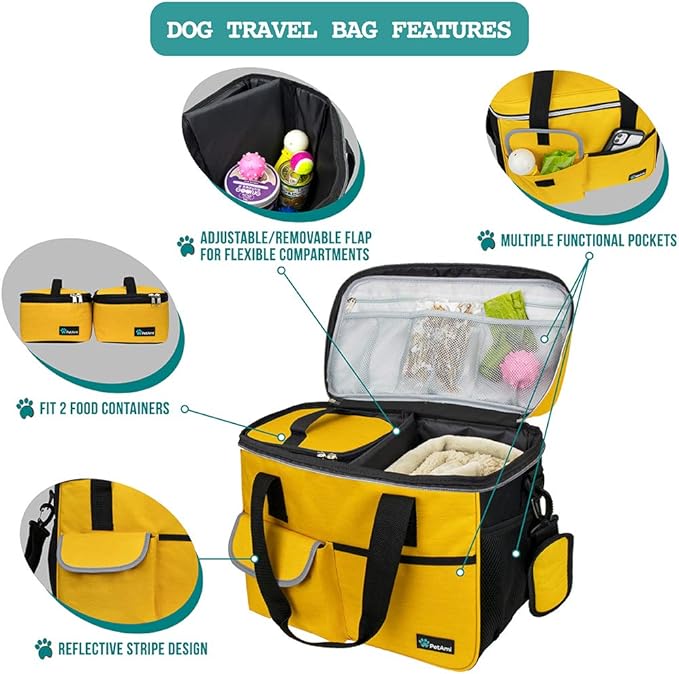 PetAmi Dog Travel Bag, Travel Pet Bag Organizer, Dog Food Travel Bag with Food Container and Bowls, Dog Travel Supplies Gift Accessories for Weekend Camping, Dog Cat Diaper Bag (Yellow, Medium)