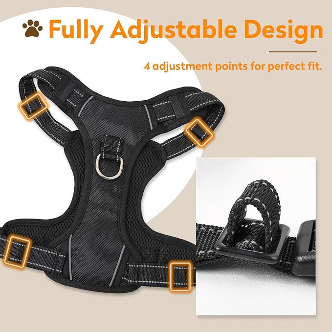 No Pull Dog Harness with 2 Leash Clips, Reflective Adjustable Soft Padded Vest with Handle, Breathable Oxford No Choke Pet Vest for Puppy, Black,XS