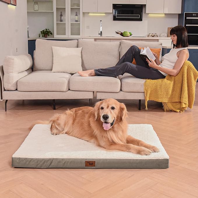 Orthopedic Dog Bed for Extra Large Dogs, XL Comfort Pet Mat for Large Sized Dog 44x32 Inch, Egg Crate Foam with Removable Washable Oxford Cover, Khaki White