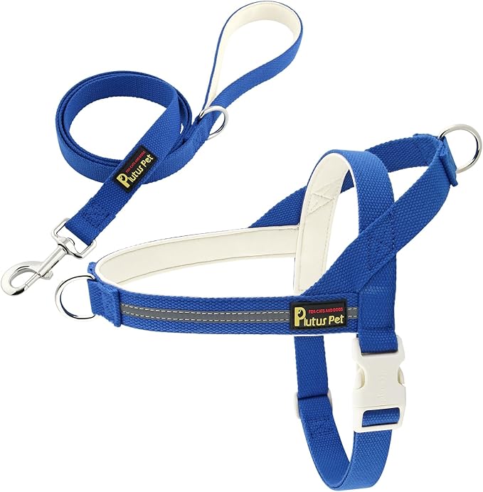 Plutus Pet Cotton Dog Harness and Leash Set, Reflective and Soft Padded, Quick Fit Vest Harness, for Small, Medium and Large Dogs, Royal Blue, XXS