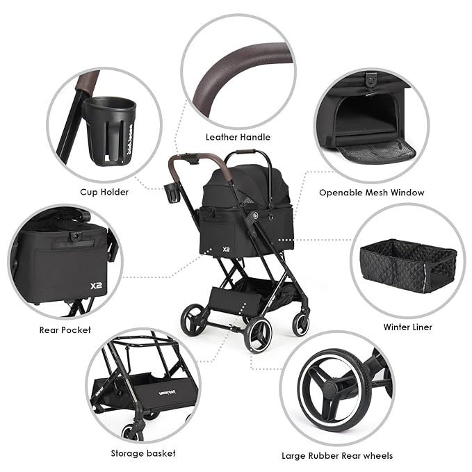 X2 Pet Stroller, Dog Cat Stroller for Small Pets, Equipped with Detachable & One-Click Folding Carrier, Waterproof Pad & Sunshade Canopy,Black