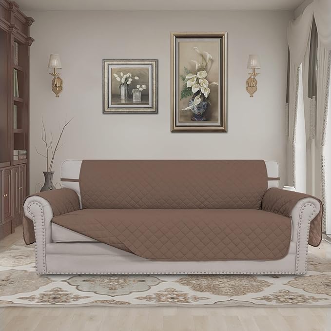 Easy-Going 4 Seater Sofa Slipcover Reversible Sofa Cover Water Resistant Couch Cover with Foam Sticks Elastic Straps Furniture Protector for Pets Children Dog Cat (XX-Large, Brown/Brown)