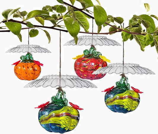 Small Glass Hummingbird Feeders for Outdoors Hanging - 4PC X Mixed Color Hand Blown Glass Pumpkin Nectar Feeding + Rain Cover, 2 Flowers Feeding Ports, Decor for Garden/Backyard Outside