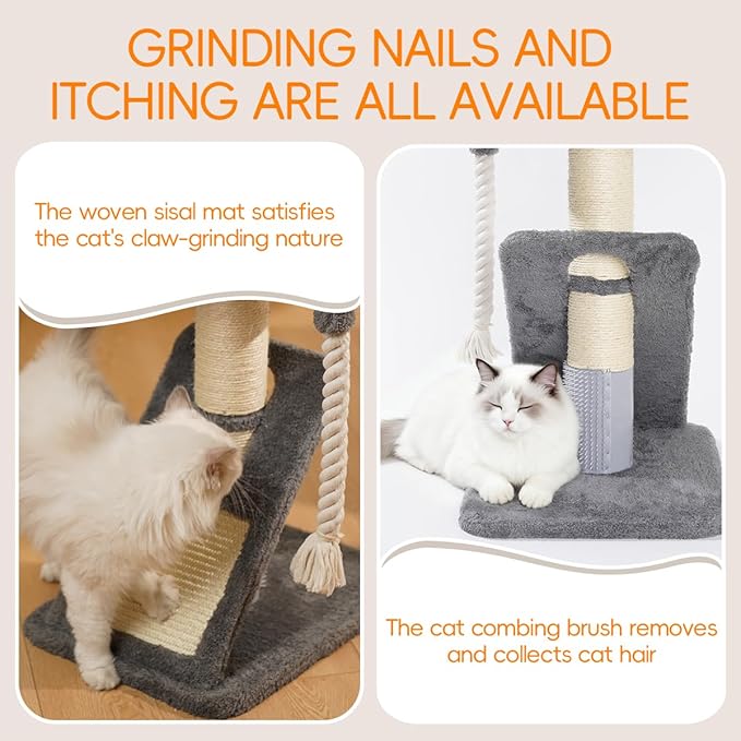 Cat Tree with Bed, 24.8" Multi-Level Cat Tower with Sisal Scratching Posts, Plush Perch, Hanging Toys & Grooming Brush - for Indoor Cats to Play, Sleep, and Claw Sharpening