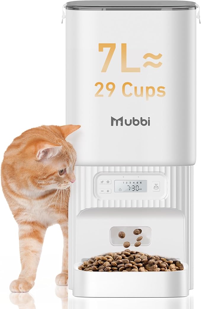 Automatic Cat Feeders, 7L/29 Cups Automatic Dog Feeder with Desiccant Bag, 1-6 Meals Ideal for 2-15mm Dry Food, Suitble for Multiple Pets, Dual Power Supply, Detachable Washable, White