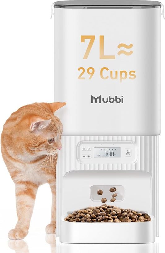 Automatic Cat Feeders, 7L/29 Cups Automatic Dog Feeder with Desiccant Bag, 1-6 Meals Ideal for 2-15mm Dry Food, Suitble for Multiple Pets, Dual Power Supply, Detachable Washable, White