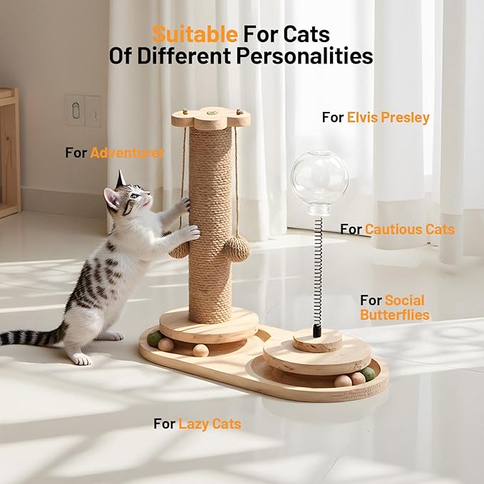 Sisal Scratching Post for Cat Kitten Small Cat Scratcher with Cat Food Feeder，Interactive Toy,Hanging Ball,Wooden 2 Level Track