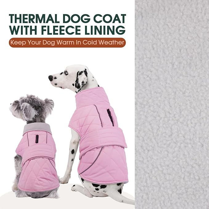 Kuoser Dog Winter Coat Waterproof Dog Snow Jacket, Warm Fleece Lined Pet Turtleneck Snowsuit Puppy Cold Weather Coats with Harness Hole, Adjustable Winter Vest for Medium Large Dogs, Pink, L