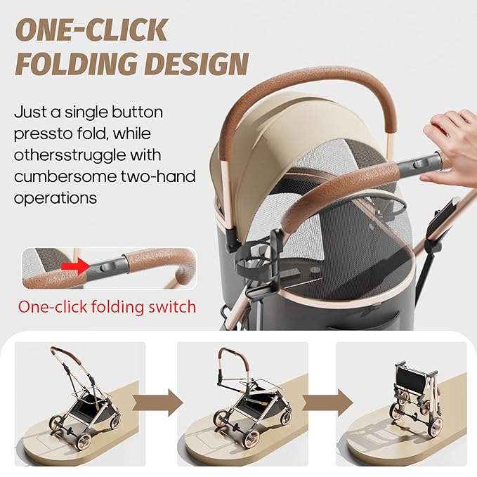 Pet Stroller with 4 Wheels, Dog Stroller with Detachable Carrier, One-Click Folding Pet Travel Carrier for Small, Medium Dogs Cats up to 50lbs, 3 in 1 Multifunctional (Khaki)