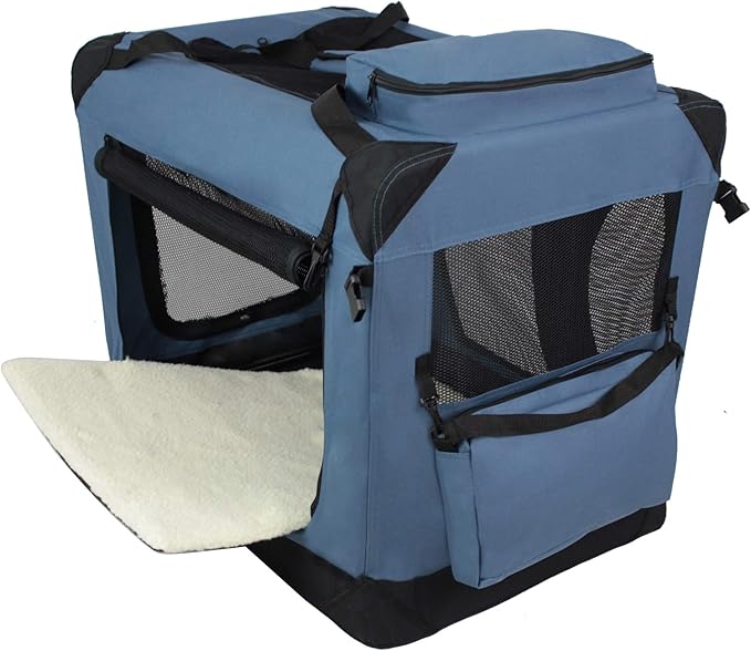 EliteField 3-Door Folding Soft Dog Crate with Carrying Bag and Fleece Bed (2 Year Warranty), Indoor & Outdoor Pet Home (20" L x 14" W x 14" H, Blue Gray)