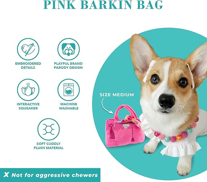 Haute Diggity Dog Barkin Bag with Scarf, Plush Designer Dog Toys with Interactive Squeaker, Stimulating Pet Enrichment, Machine-Washable & Safe Materials for All Breeds, Size Small