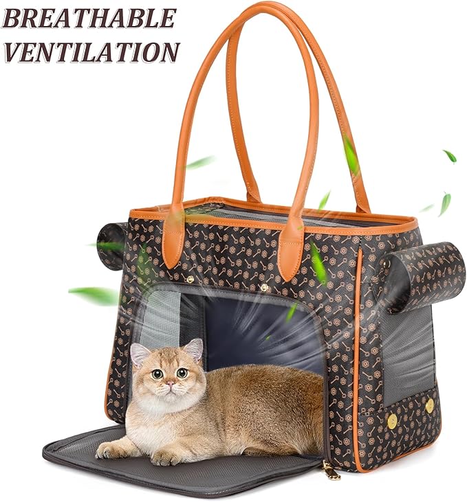 Minsong Fashion Pet Carrier Purse for Small Cat and Dog, Luxury Pu Soft-Sided Tote Bag with Large Pockets for Dogs and Puppies (Coffee, 15.8" L x 7.5" W x 11.8" H)