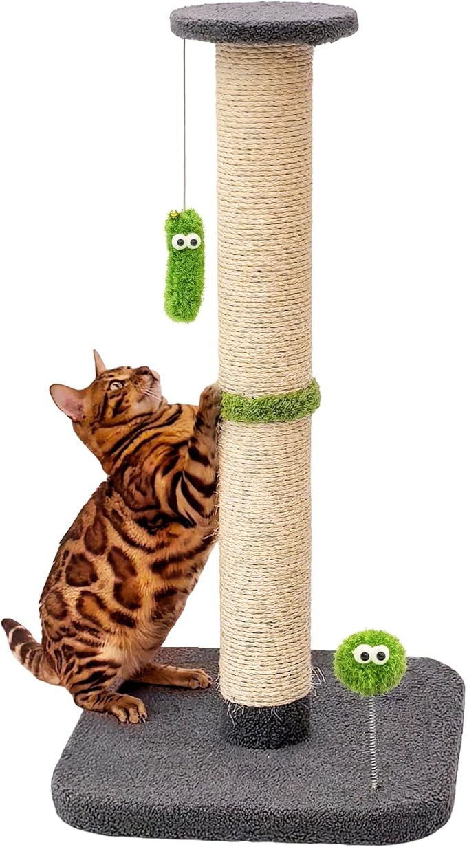 TINYBEAST 34.7" Tall Cat Scratching Post, 3 in 1 Sisal Cat Scratcher, Heavy Duty 4.3" Diameter Cat Tree with Hanging Bell Ball Toy and Reinforced Stable Base for Indoor Adult Cats & Kittens