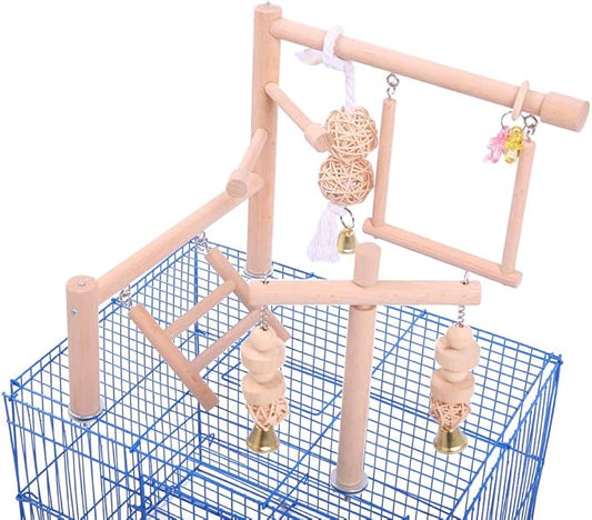 QBLEEV Bird Cage Play Stand Toy Set-Birdcage Wood Stands Hanging Chew Toys Ladder Swing Parrot Perch Play Gym Playground Accessories Activity Center for Conure, Parakeets, Budgie, Cockatiels,Lovebirds