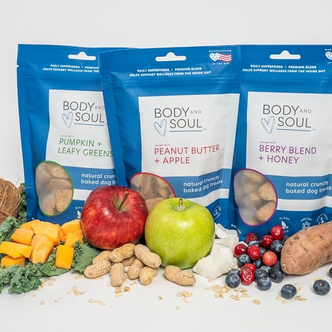 Body and Soul Superfood Crunchy Healthy Dog Treats 3 Pack Variety - Peanut Butter + Apple, Pumpkin + Leafy Greens, Berry Blend + Honey - Plant-Based Biscuits Baked with Ancient Grains - Made in USA