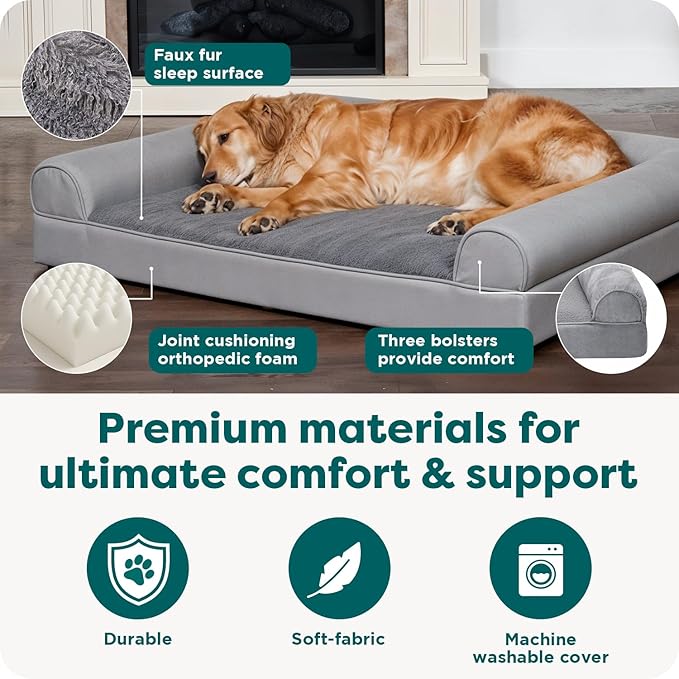 Furhaven Orthopedic Dog Bed for Large Dogs w/ Removable Bolsters & Washable Cover, For Dogs Up to 95 lbs - Faux Fur & Velvet Sofa - Dark Sage, Jumbo/XL