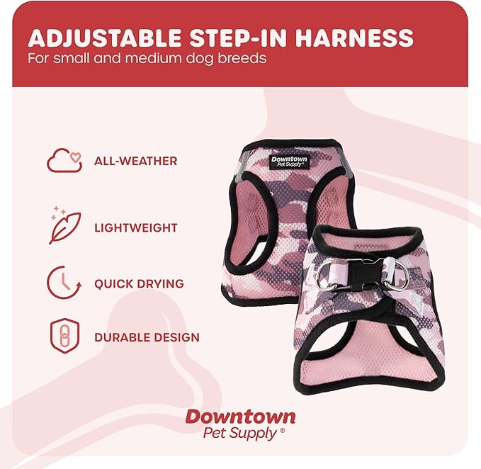 Downtown Pet Supply Step-in Dog Harness – No Pull, Adjustable Padded Mesh with Reflective Trim, Secure Buckle Strap – Comfortable & Breathable Small Dog Harness, Small, Pink Camo