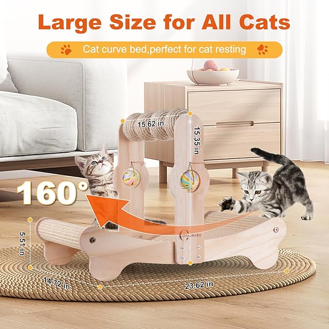 Oroonoko 4-in-1 Cat Scratcher Bed with Scratching Balls & Bells, Large Sisal Scratching Post, Cat Hammock Bed for Indoor Cats, Anti-Tip Wood Base, Cat Bed & Scratch Pad for Large Cats up to 50 lbs