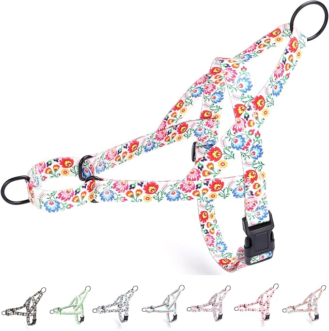 No Pull Dog Harness for Small, Medium, and Large Pets - Floral Pattern Nylon Safety Training Dog Harness (L, White)