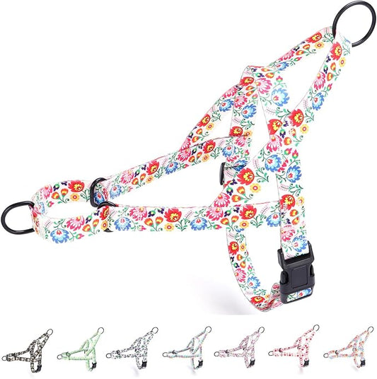 No Pull Dog Harness for Small, Medium, and Large Pets - Floral Pattern Nylon Safety Training Dog Harness (L, White)