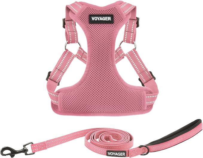 Best Pet Supplies Voyager Mesh Dog Breathable Harness Reflective Stitching, All Weather Adjustable for Walking Training, or Running - Heavy Duty & Durable, Harness Leash Set (Pink), S