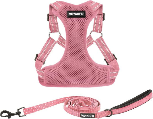 Best Pet Supplies Voyager Mesh Dog Breathable Harness Reflective Stitching, All Weather Adjustable for Walking Training, or Running - Heavy Duty & Durable, Harness Leash Set (Pink), L